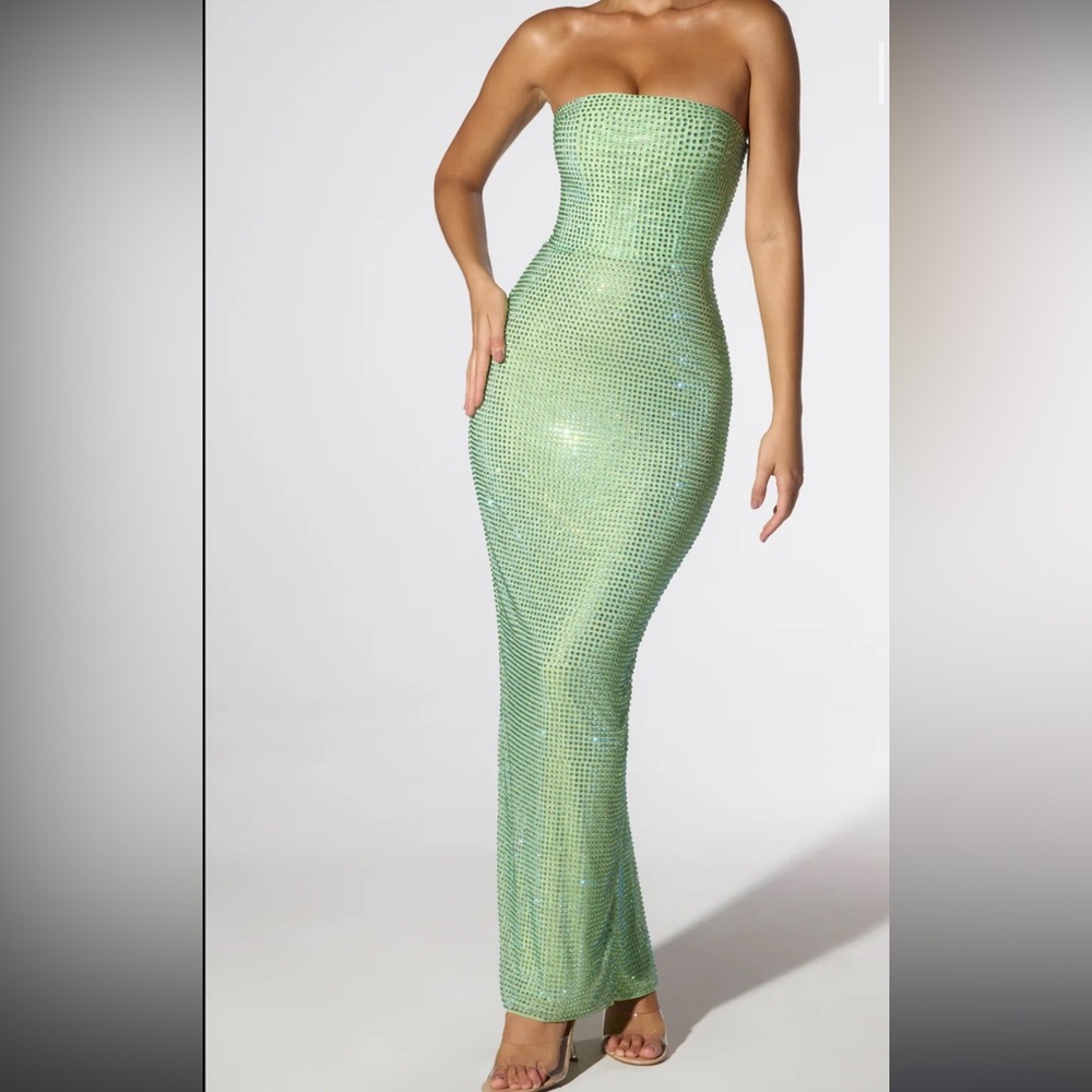 Oh Polly women’s bodycon green rhinestone corset maxi dress